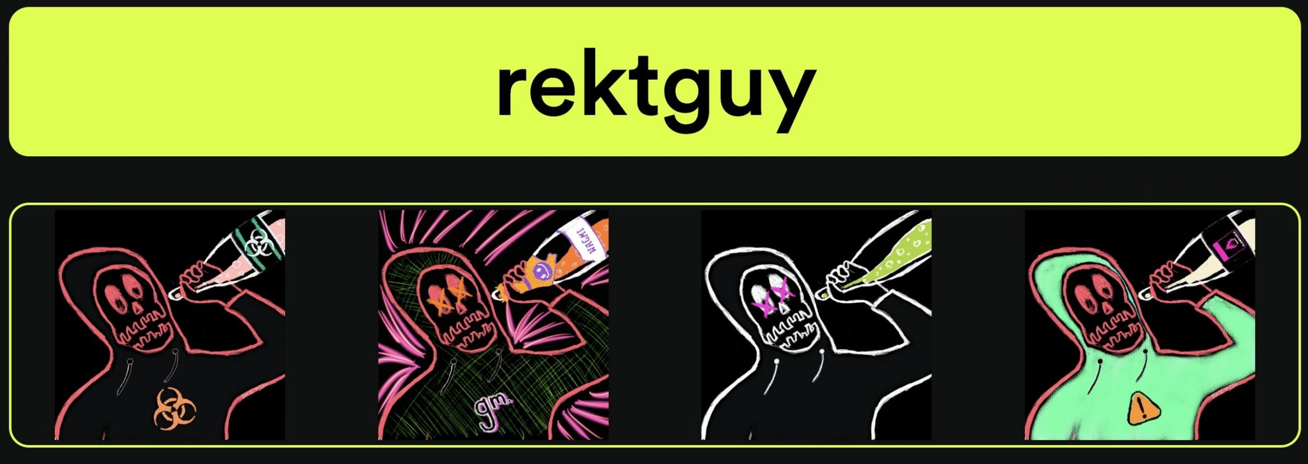 Four different rektguy NFTs featuring hooded skeletons