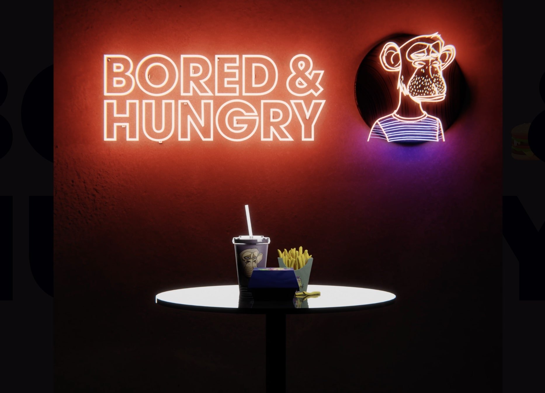 Bored & Hungry NFT restaurant featuring a bored ape