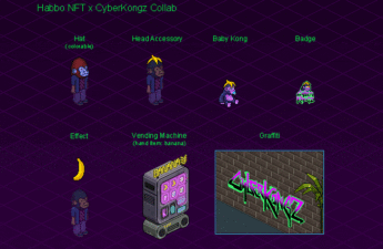 The picture shows unlockable items Cyberkongz NFT holders can get by connecting their crypto wallet to their Habbo account.