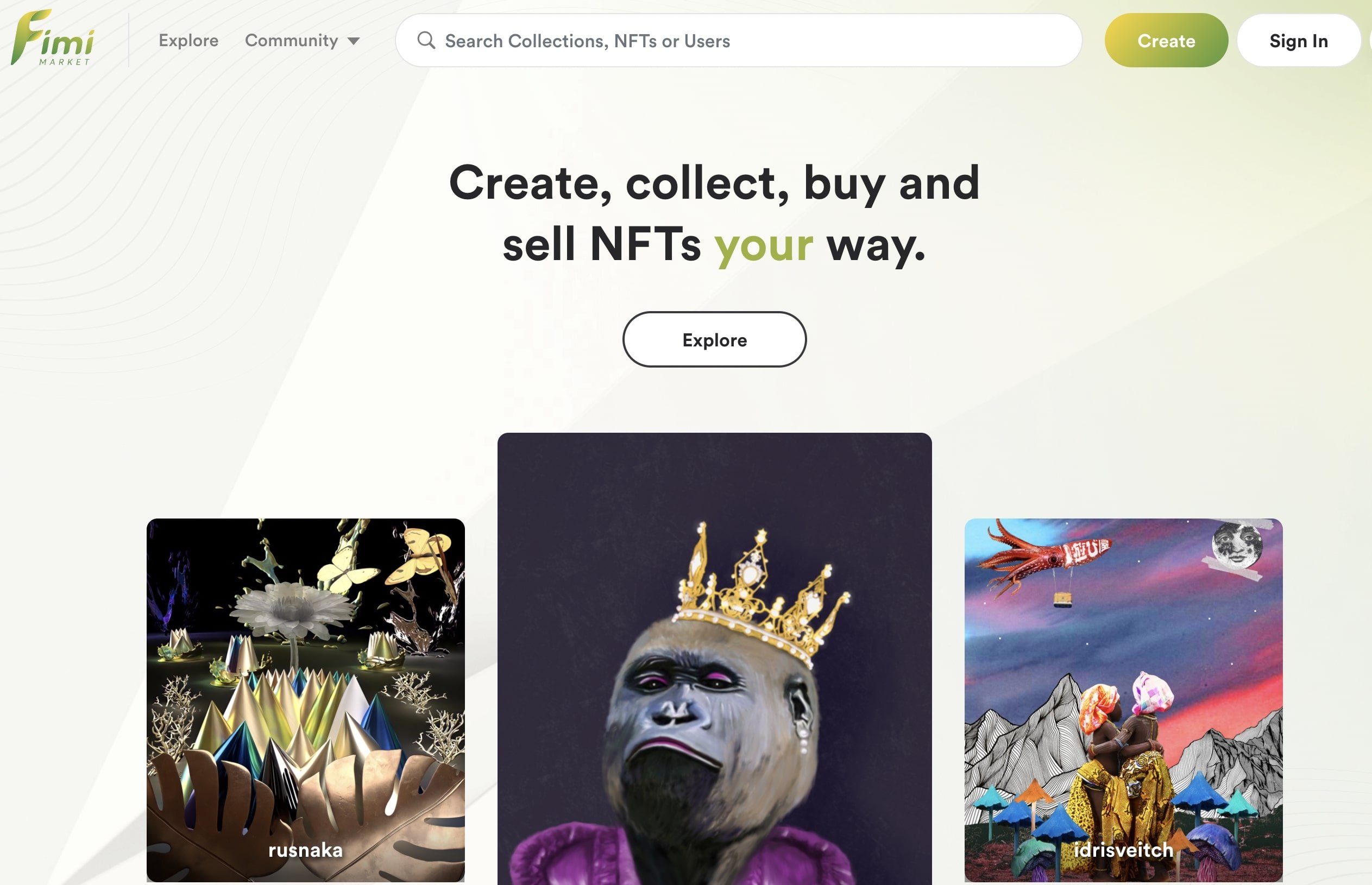 Fimi NFT marketplace homepage