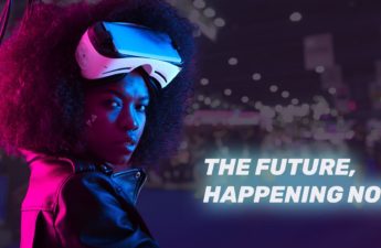 NFT Expoverse poster featuring a woman wearing VR glasses