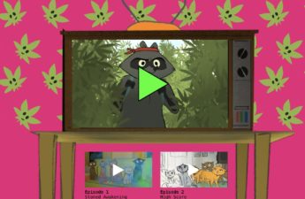 An animated cat on a TV walking through a forest