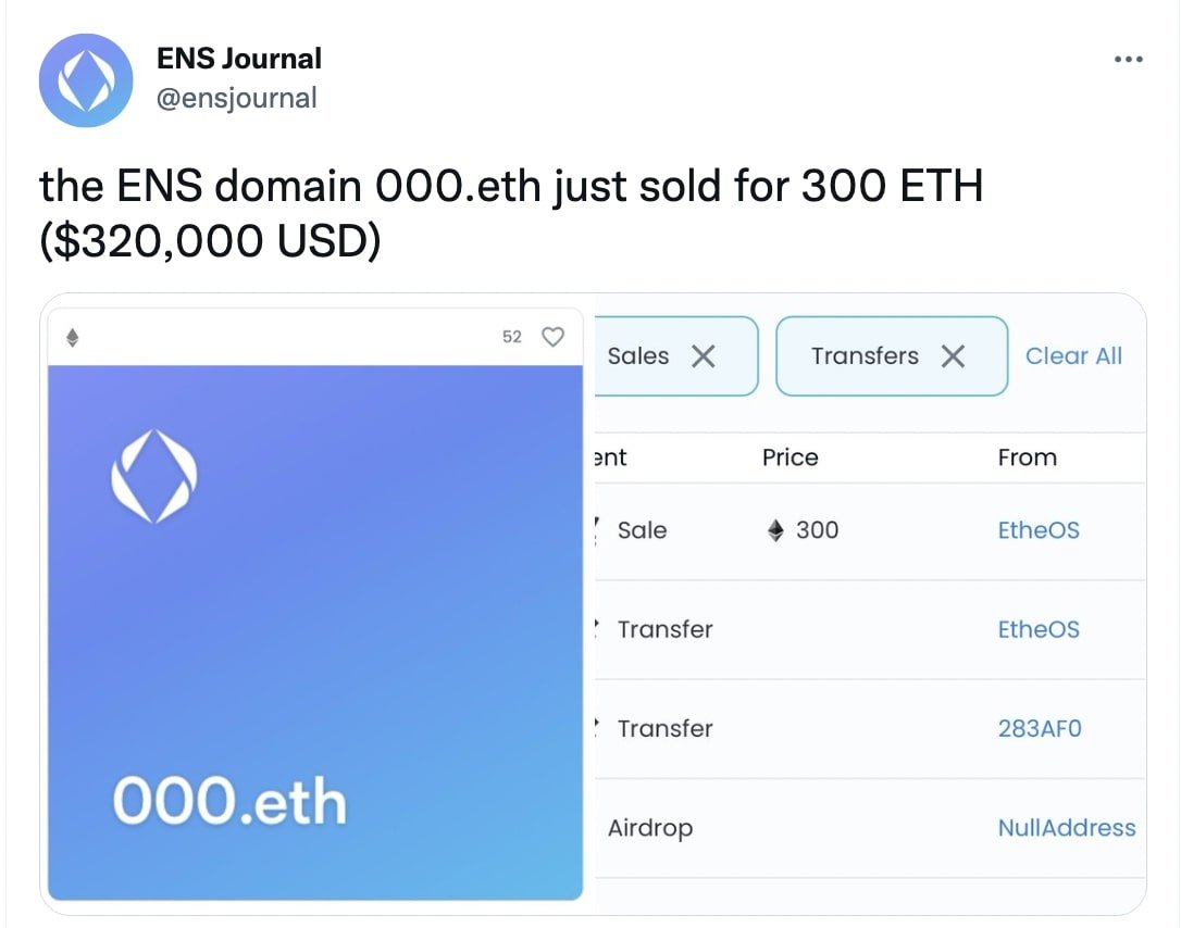 000.eth ENS Domain Sells for 300 ETH