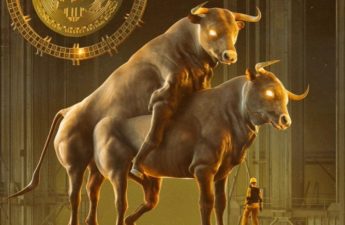 30K NFT by Beeple featuring two golden bulls mating below a massive Bitcoin