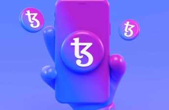 An illustration of a hand holding a phone with Tezos token